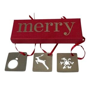 Set of 3 Vilmain 2001 Pewter Square Stencil Cutout Christmas Ornaments Merry 1"
